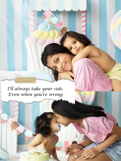 A cakesmash can also be a beautiful moment between siblings. Here, an older sister shares a sweet, frosting-covered kiss with her baby sister, a memory they'll both laugh about one day.