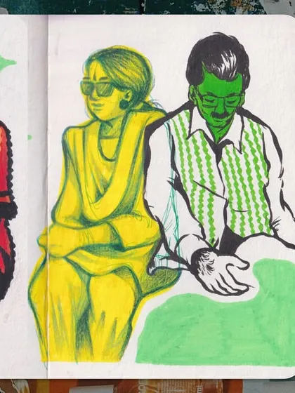 A page from my sketchbook showing experiments with color and form. On the left, a man in red and a couple in yellow and green, created with markers. On the right, a texture study using black ink and cross-hatching.