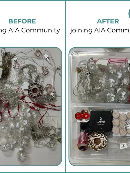 A before-and-after from our community challenge, showing tangled Diwali lights and decorations neatly organized into a labeled box.