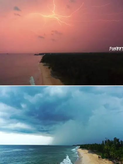 A composite image showing two moods of Kapu beach. The top frame shows a pink sky with a lightning strike, and the bottom shows a brewing storm, demonstrating the dynamic weather I capture.