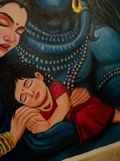 A detailed view of the sleeping child held securely in the arms of Shiv and Parvati. This part of the painting represents pure innocence and the protective nature of the divine parents.