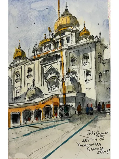 The full view of my Gurudwara Bangla Sahib sketch. The golden domes and white marble are always a joy to paint.