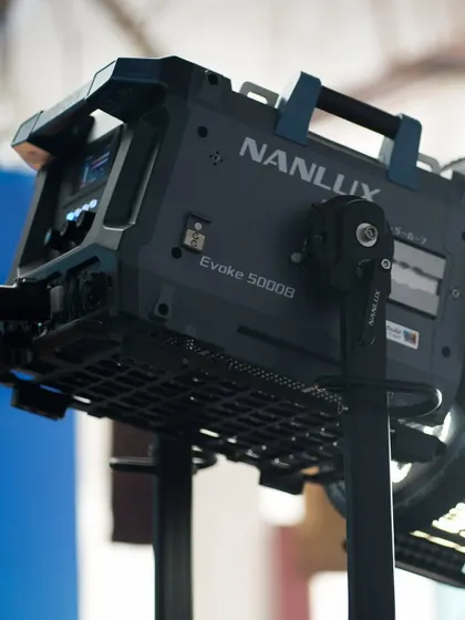 A close-up of the Nanlux Evoke 5000B. Its robust design and high power output represent the next generation of film lighting.