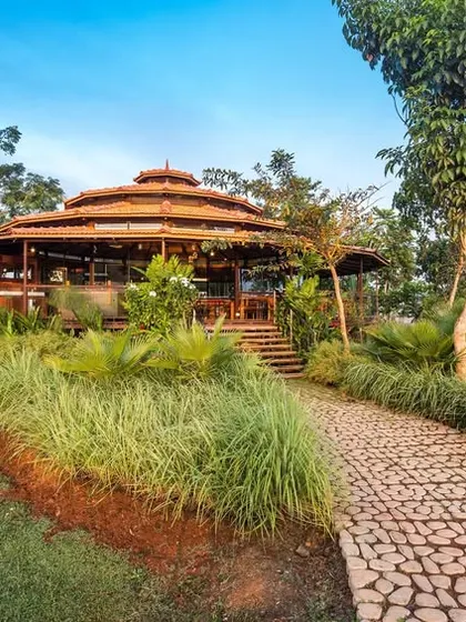 The beautiful architecture of our dining hall at Kabini, designed to harmonize with the natural landscape.