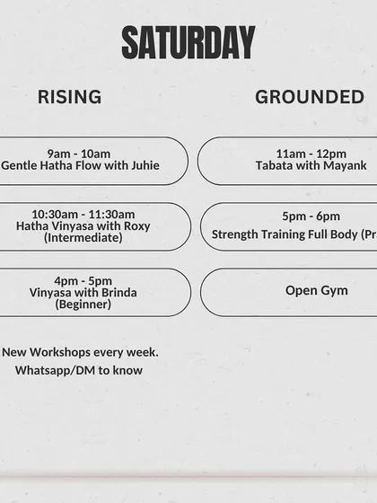 Our Saturday schedule, featuring Gentle Hatha Flow, Tabata, and full-body strength training to energize your weekend.