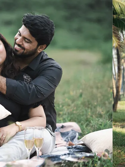 A collage showing a couple enjoying a quiet picnic, with a close-up of a warm embrace, capturing the simple joys of being together.
