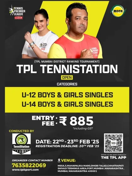 Poster for the TPL TenniStation Open (Season 14), a Mumbai District Ranking Tournament for U-12 and U-14 players. We provide clear registration details and deadlines for all our events.