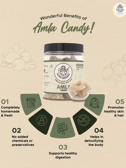 Our Amla Candy is more than just a treat. It's a completely homemade, preservative-free snack that supports digestion, helps in detoxification, and promotes healthy skin and hair, making it a truly guilt-free indulgence.
