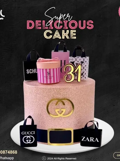 A fashion lover's dream cake! This glittering pink cake is adorned with miniature shopping bags from luxury brands like Gucci, Zara, and Victoria's Secret, perfect for a stylish 31st birthday.