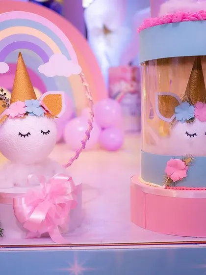 The details make the theme. For the unicorn party, I created these adorable custom unicorn props and return gifts, ensuring every element of the decor was perfectly coordinated.
