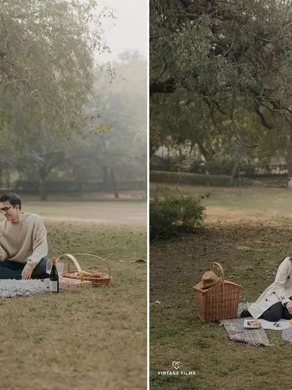 A romantic picnic for two in a misty park. This pre-wedding setup is perfect for capturing cozy, intimate moments in a relaxed, natural setting.