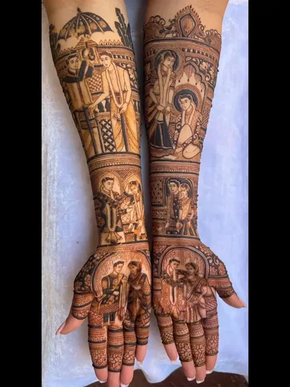 This intricate bridal henna showcases a complete wedding story. The design includes scenes of the couple's parents, the wedding ceremony, and the groom's procession.