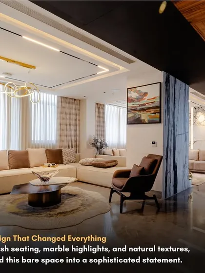 One smart design can change everything. Here, we used a combination of plush seating, marble highlights, and natural textures to turn a bare space into a sophisticated living area. The wooden ceiling panel adds warmth and defines the space.
