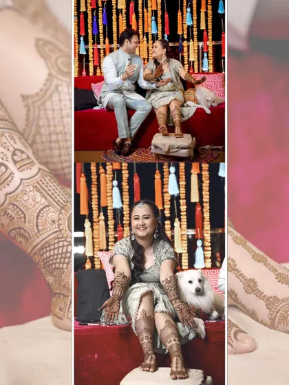 A collage showcasing the bride's full-leg mehendi design and her playful moments with her pet dog.