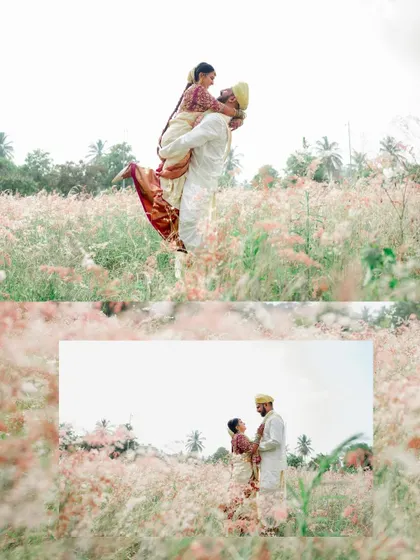 A collage of the couple in a beautiful field of flowers, the groom lifting the bride in a joyful and romantic gesture.