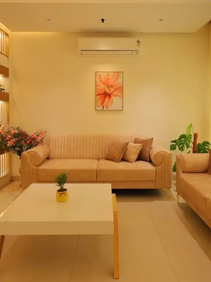 A cozy living room setup in the Trivandrum home, featuring a unique wooden partition with built-in planters that adds life and separates the space beautifully.