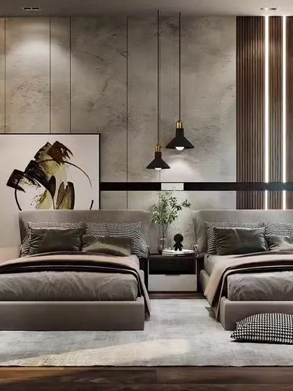 A modern shared bedroom with two single beds, perfect for guests or siblings. The design uses a mix of concrete-textured and wood-paneled walls with stylish pendant lighting.
