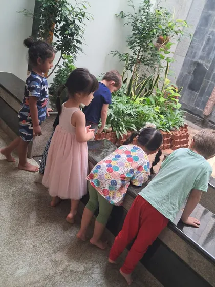 The children peer into a neighbor's indoor garden and pond, learning about different home environments.