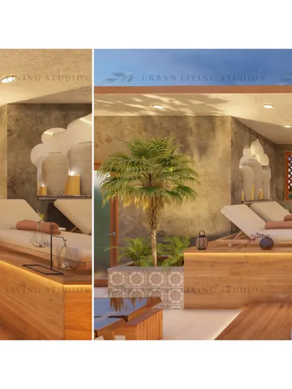 A detail shot from the Moroccan-inspired terrace design. This collage shows the comfortable chaise lounges and decorative niches that create a cohesive and relaxing atmosphere around the water feature.