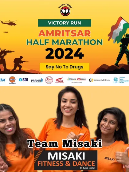 A poster for the Amritsar Half Marathon featuring our team, highlighting our collaboration for the Victory Run event.