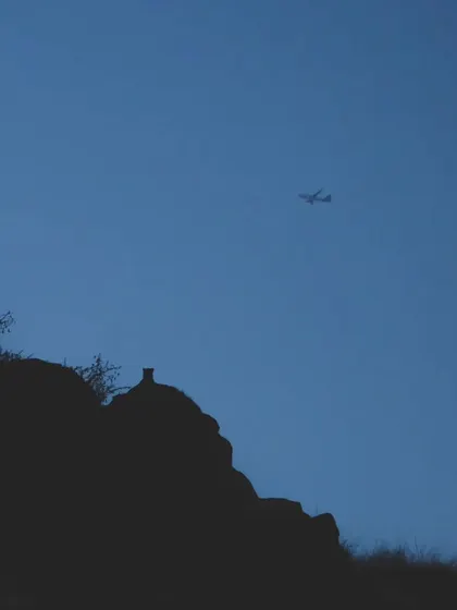 A leopard silhouetted against the sky with an airplane flying overhead. This image questions the narratives around urban wildlife and the need for better conservation strategies.