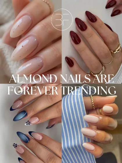 Almond nails are forever trending. This collage shows four different ways to wear the elegant shape, from solid red to a modern French.