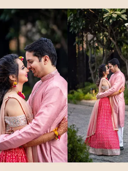 A romantic collage of the couple in pink outfits for their haldi ceremony. The close-up shots capture their loving gazes and happy smiles.