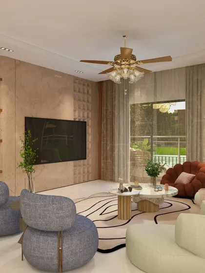 A wide view of the living room, showing the TV unit against a textured wall, balanced by large windows and soft drapery.