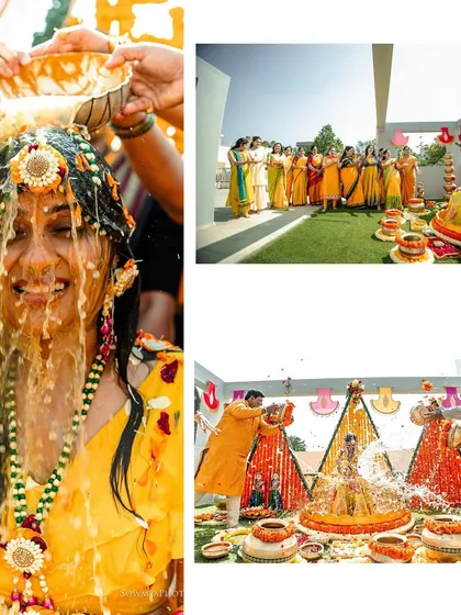 A collage from a fun-filled Haldi ceremony, showing the bride being showered with milk and water by her loved ones.