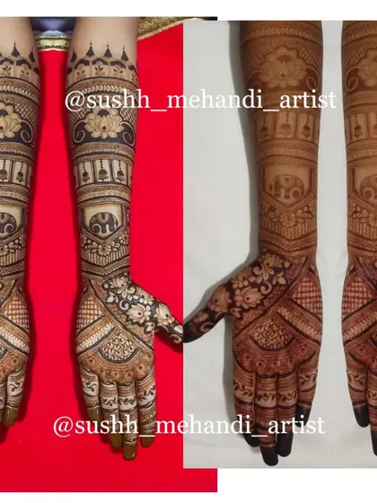 Another comparison of two full bridal designs, showing the variety in my work. Both are intricate and filled with classic Indian wedding motifs.