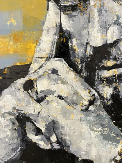 A detail shot of 'Plato's Discourse', focusing on the abstract qualities of the hands and fabric. Even in close-up, the composition holds a strong emotional weight.