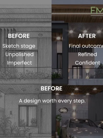We believe in showing our process. This image contrasts the initial hand sketch with the final 3D render, demonstrating how we refine an idea from an unpolished concept to a confident, detailed architectural design.