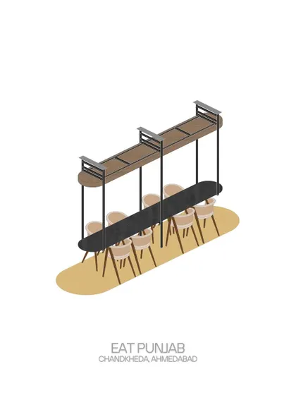 **Eat Punjab, Chandkheda:** This drawing shows the hanging communal table designed for the compact Chandkheda outlet. The suspended structure with a fabric light above is a space-saving solution that serves as a striking central feature.