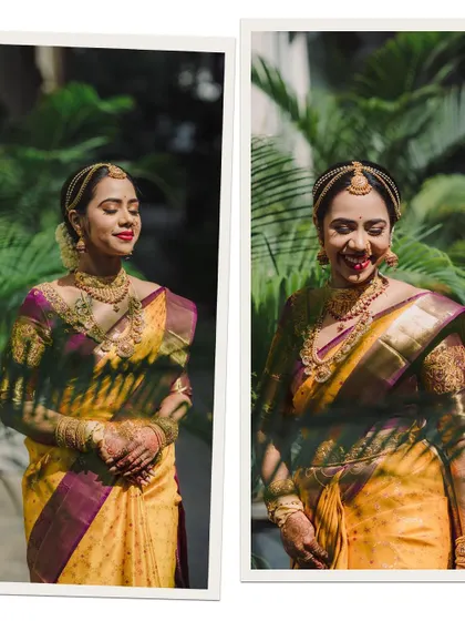 A diptych showing the bride in two moods: one serene with eyes closed, the other with a joyful, candid laugh.