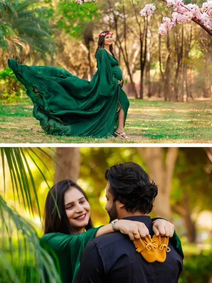 A two-part story showing the mother-to-be in a flowing green gown and a close-up of the couple revealing a pair of tiny baby shoes. A perfect way to announce the journey ahead.