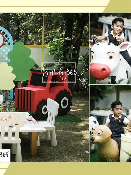 A collage from the farm-themed party, showing the kids' table, a large red tractor prop, and the birthday boy enjoying his special day.