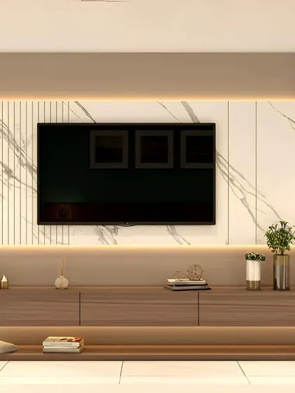 Clean and contemporary, this TV unit is integrated with a matching dressing table. The marble-effect panel and handleless drawers create a seamless and sophisticated look, perfect for a master bedroom.