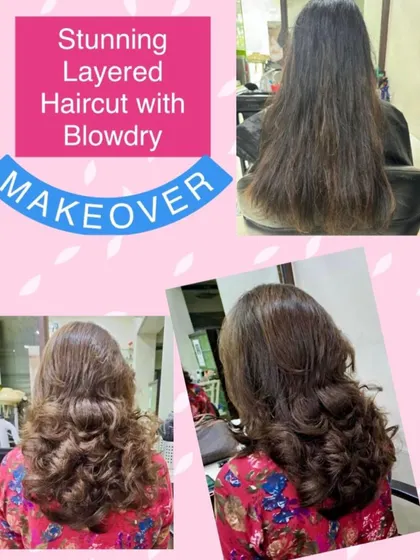 A stunning layered haircut finished with a professional blowdry. This look shows how proper styling can accentuate the layers and create beautiful, flowing curls.