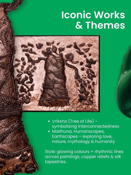 A look at the iconic works and themes of S.G. Vasudev, from the 'Vriksha' (Tree of Life) to his 'Humanscapes,' all rendered with glowing colors and rhythmic lines.