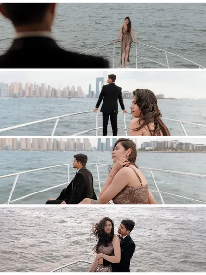 A cinematic collage of the couple on the yacht, with the Dubai skyline as a stunning backdrop, telling a story of luxury and romance.