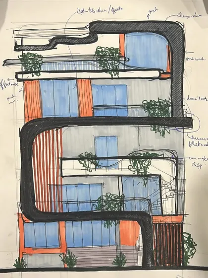 A concept sketch for a contemporary home, showing the initial idea for the building's form and material palette. This is the first step in our process of turning a vision into a concrete plan.