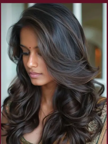 This is a classic example of soft, natural-looking highlights on dark Indian hair. The subtle layers and gentle waves enhance the colour, creating a sophisticated and timeless style.