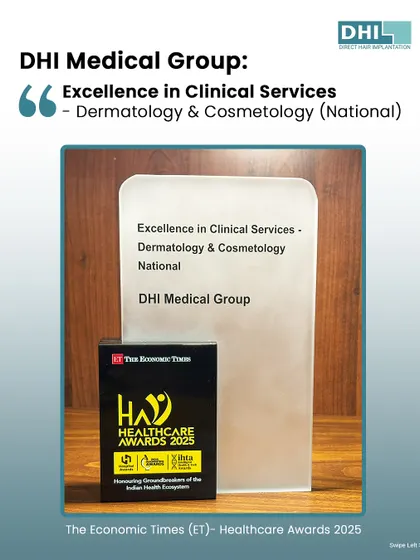**A Closer Look at Our ET Healthcare Award:** This image showcases the trophy for "Excellence in Clinical Services - Dermatology & Cosmetology" from The Economic Times Healthcare Awards 2025, a symbol of our national recognition.