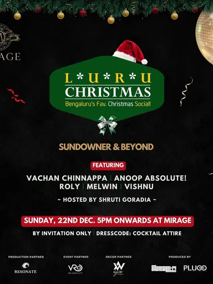 The official invitation for Luru Christmas. We transport you to a Christmas wonderland with a cocktail attire dress code and a mix of retro and disco beats.