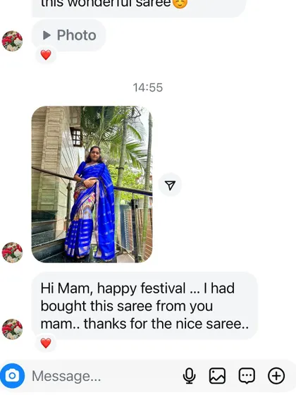 "Hi Mam, happy festival... I had bought this saree from you mam.. thanks for the nice saree." Festival greetings from a happy client.