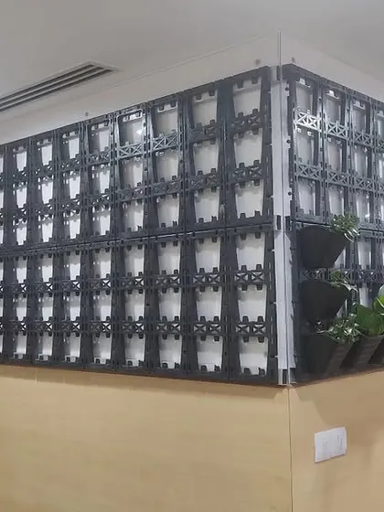 Another view of the grid system used for my green walls. This structure is lightweight and strong, and it can be mounted on almost any surface.