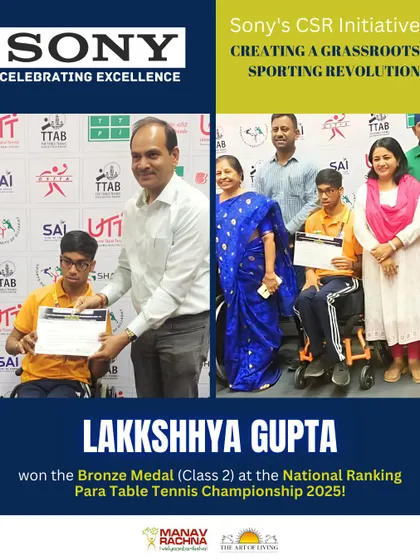 Lakkshhya Gupta receiving his certificate and medal at the National Ranking Para TT Championship. This victory is a result of a four-year journey with our Sony CSR program.