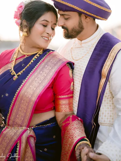 A beautiful, sun-kissed portrait of Chaitrali and Parth on their wedding day.