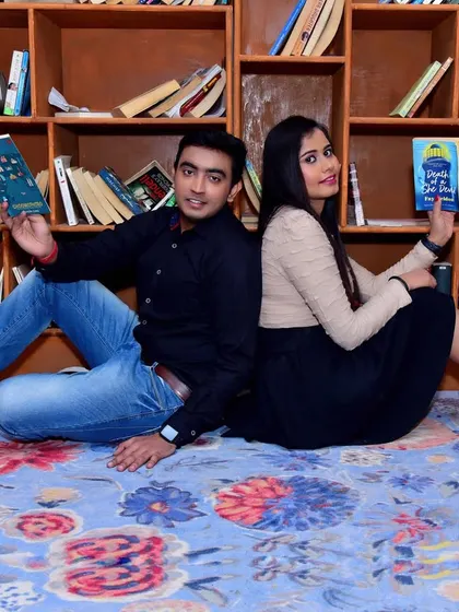 A fun, themed pre-wedding shoot in a library or bookstore setting. We work with couples to create shoots that reflect their shared interests and personalities.