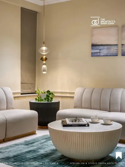 This waiting area from the Meghana Foods office, with its sculptural furniture and soft color palette, was also highlighted in our recent press feature.